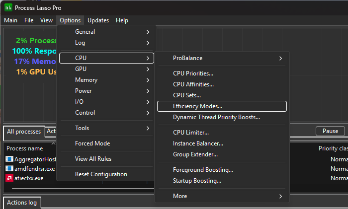 Efficiency Mode rules app menu location