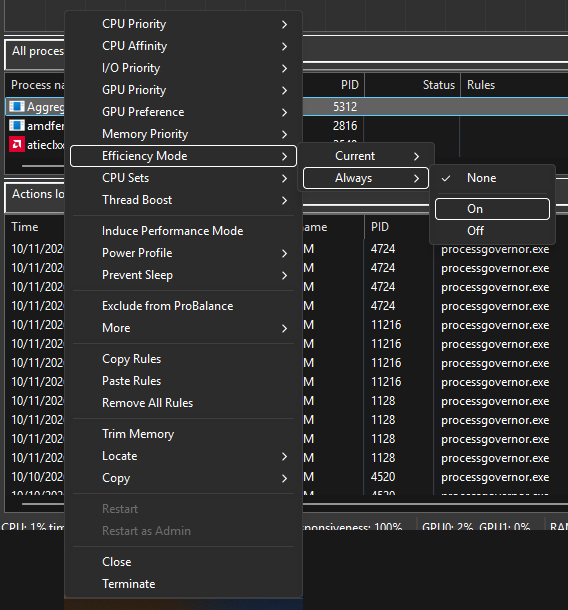 Efficiency Mode in process context menu